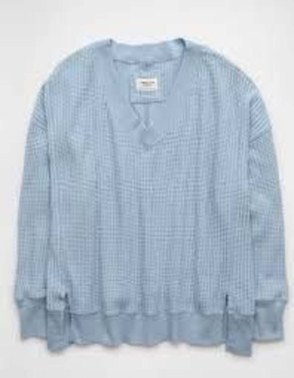 American Eagle Lived-In Waffle Knit V-Neck Sweater Light Blue Small
